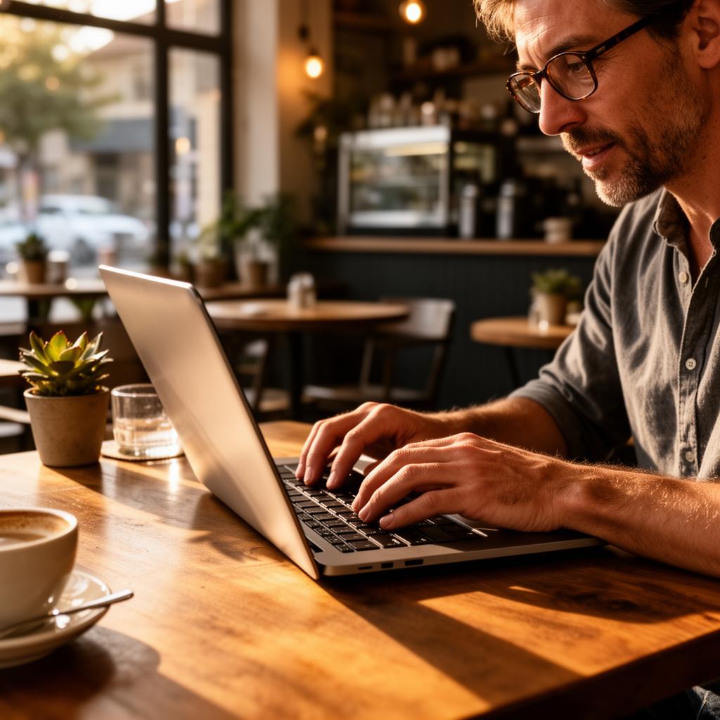 Restaurant owner reviewing numbers on a laptop in their cafe