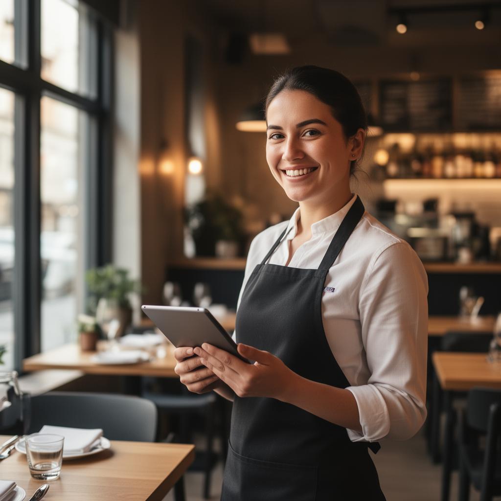 Restaurant server smiling while holding a tablet
